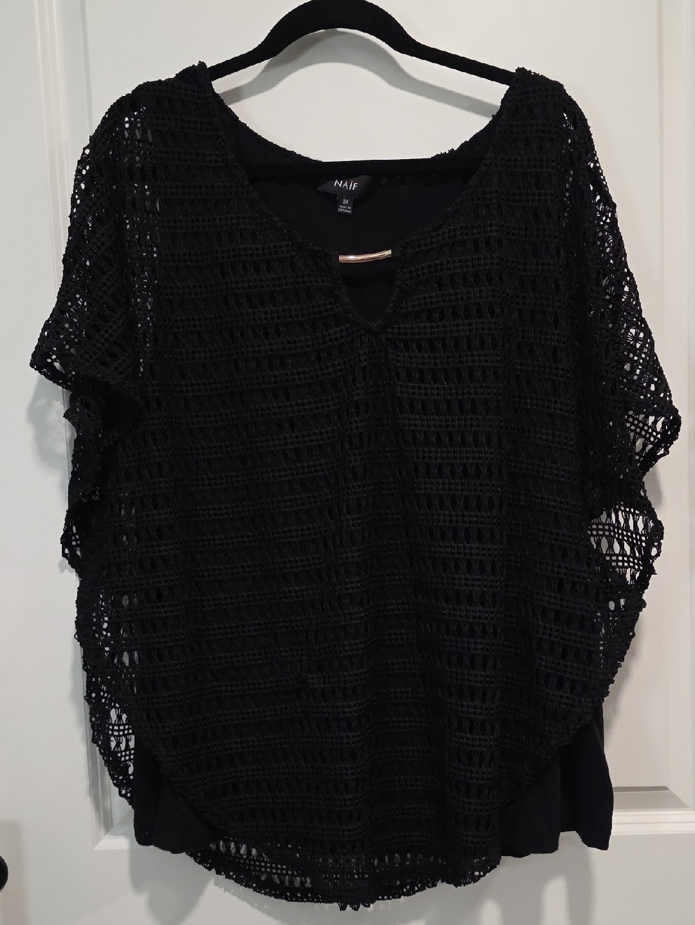 NAIF Black Crochet Overlay Top with Gold Accent